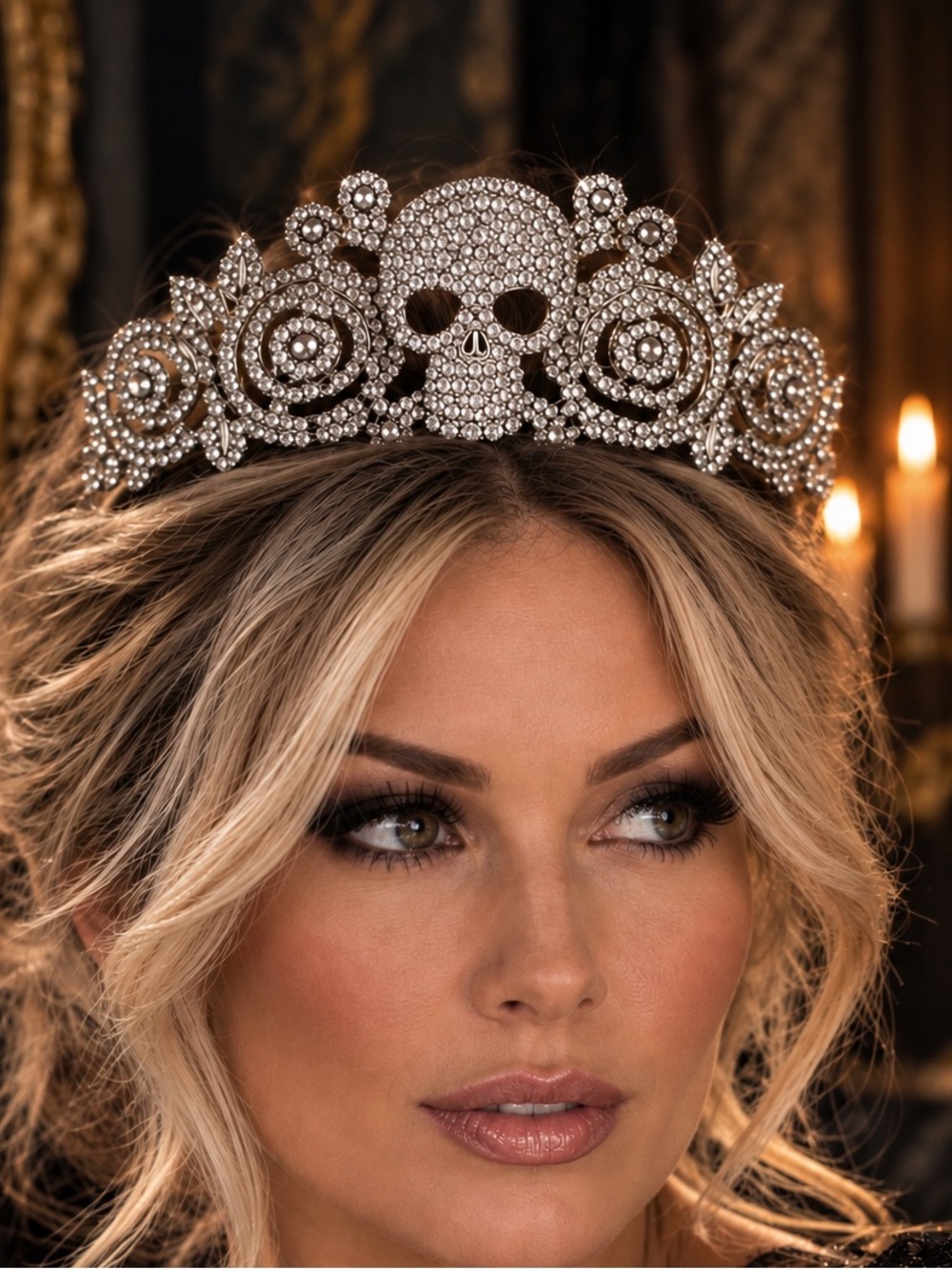 Silver Skull and Floral Tiara, clear gems, silver coloured mount